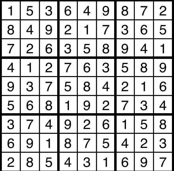 A solved sudoku puzzle.