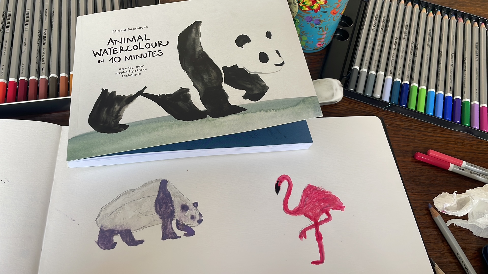 drawings of a panda and flamingo in watercolour using book