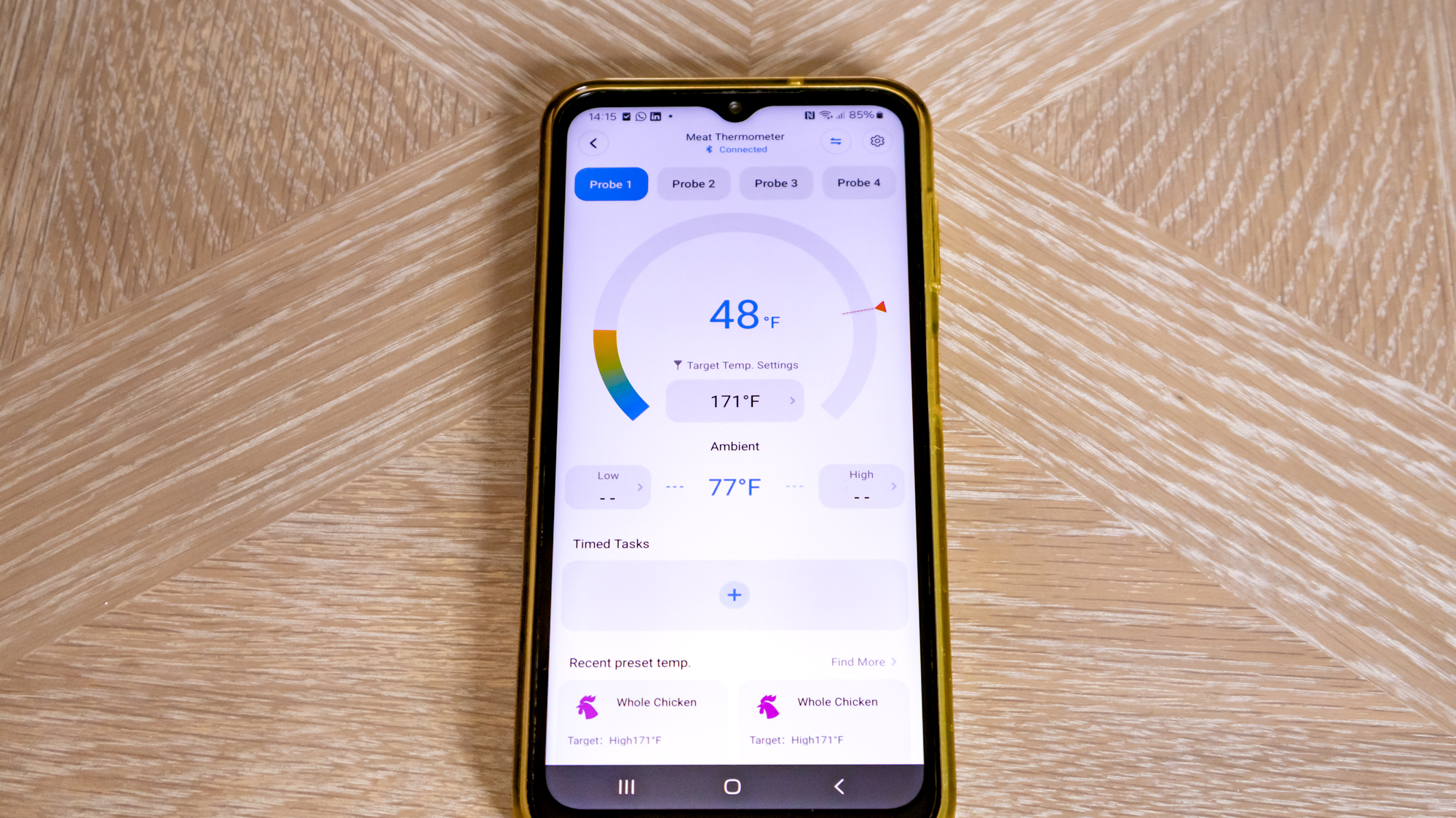 GoveeLife Smart Wireless Meat Thermometer companion smartphone app showing current temperature on Probe 1
