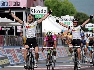 André Greipel and Mark Cavendish celebrate a one-two for Team High Road on stage 17 of the Giro d'Italia.