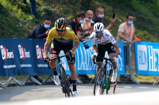 MUR DE HUY BELGIUM APRIL 21 Primoz Roglic of Slovenia and Team Jumbo Visma Julian Alaphilippe of France and Team Deceuninck QuickStep sprint on arrival during the 85th La Fleche Wallonne 2021 Men Elite a 1936km race from Charleroi to Mur de Huy 204m FlecheWallonne on April 21 2021 in Mur de Huy Belgium Photo by Bas CzerwinskiGetty Images