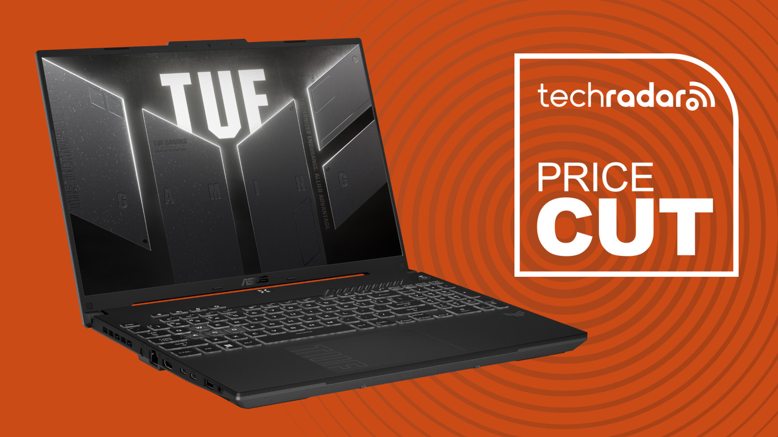 The Asus TUF A16 on an orange background with the text 'PRICE CUT'.