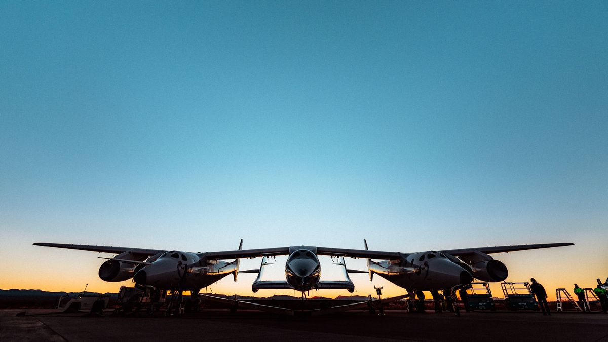 Virgin Galactic's SpaceShipTwo Unity and its mothership WhiteKnightTwo prepare for the first test launch attempt from Spaceport America, New Mexico at dawn on Dec. 12, 2020.