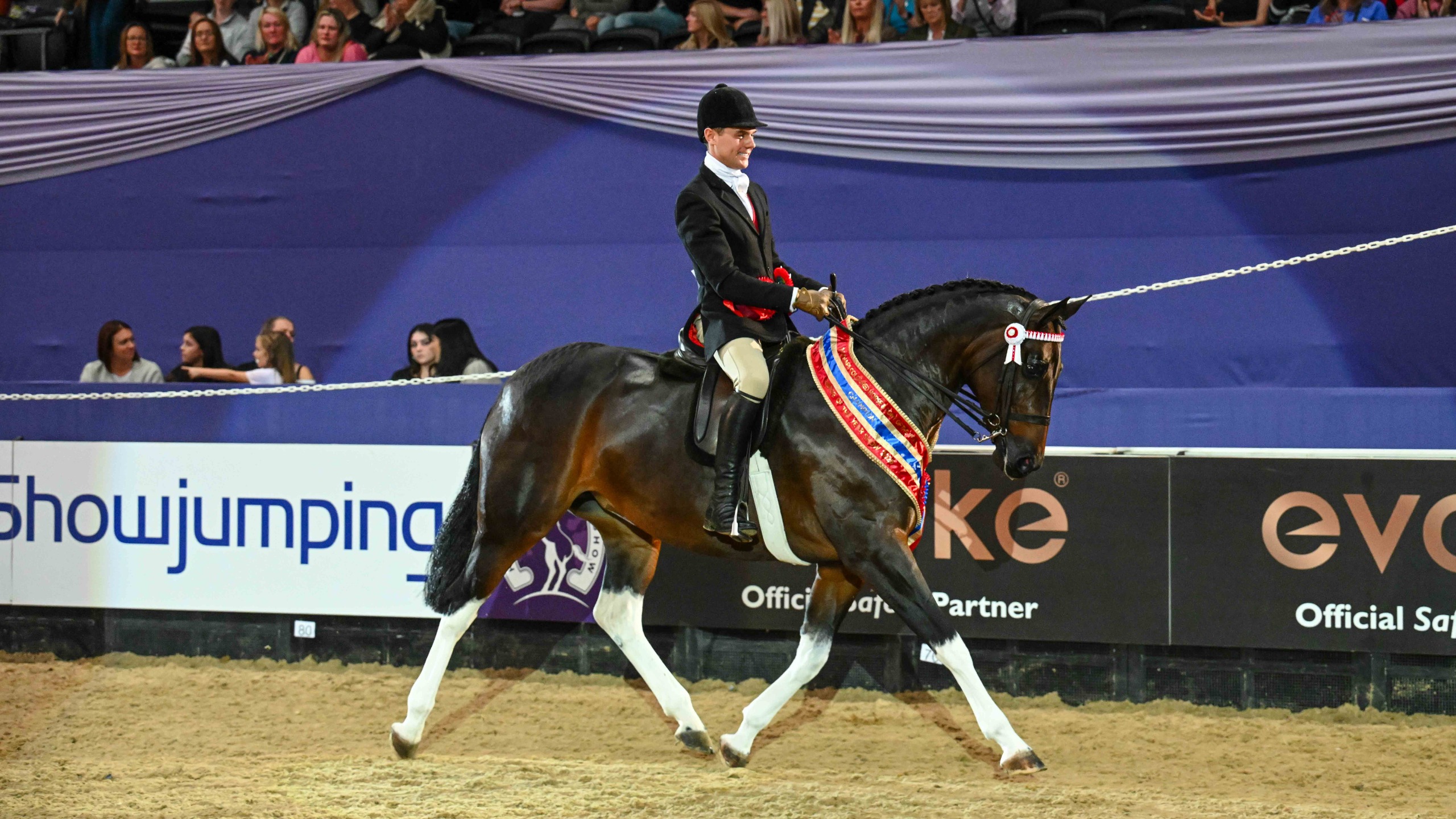 Lostock Up Till Dark and Harrison Taylor trot around the international arena in their lap of honour at HOYS 2026