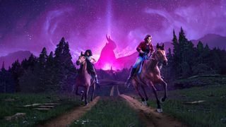 Key art shows two young women riding horses in the forest against a purple sky