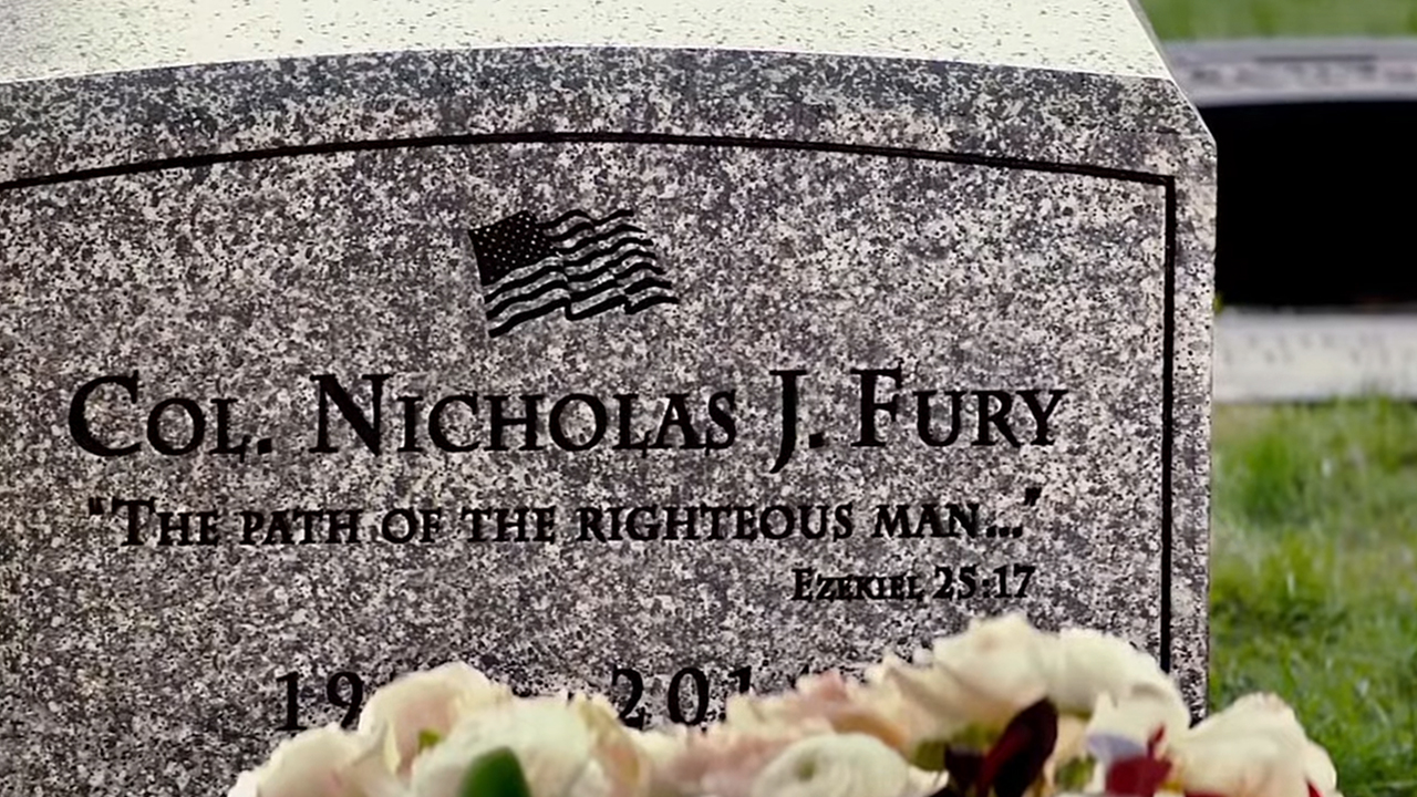 Nick Fury's gravestone in Captain American: The Winter Soldier
