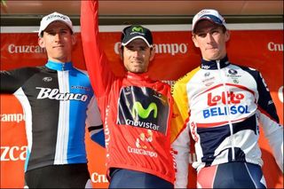 Vuelta a Andalucia - Ruta Del Sol final podium: Bauke Mollema (Blanco), Alejandro Valverde (Movistar) and Jurgen Van Den Broeck (Lotto Belisol)