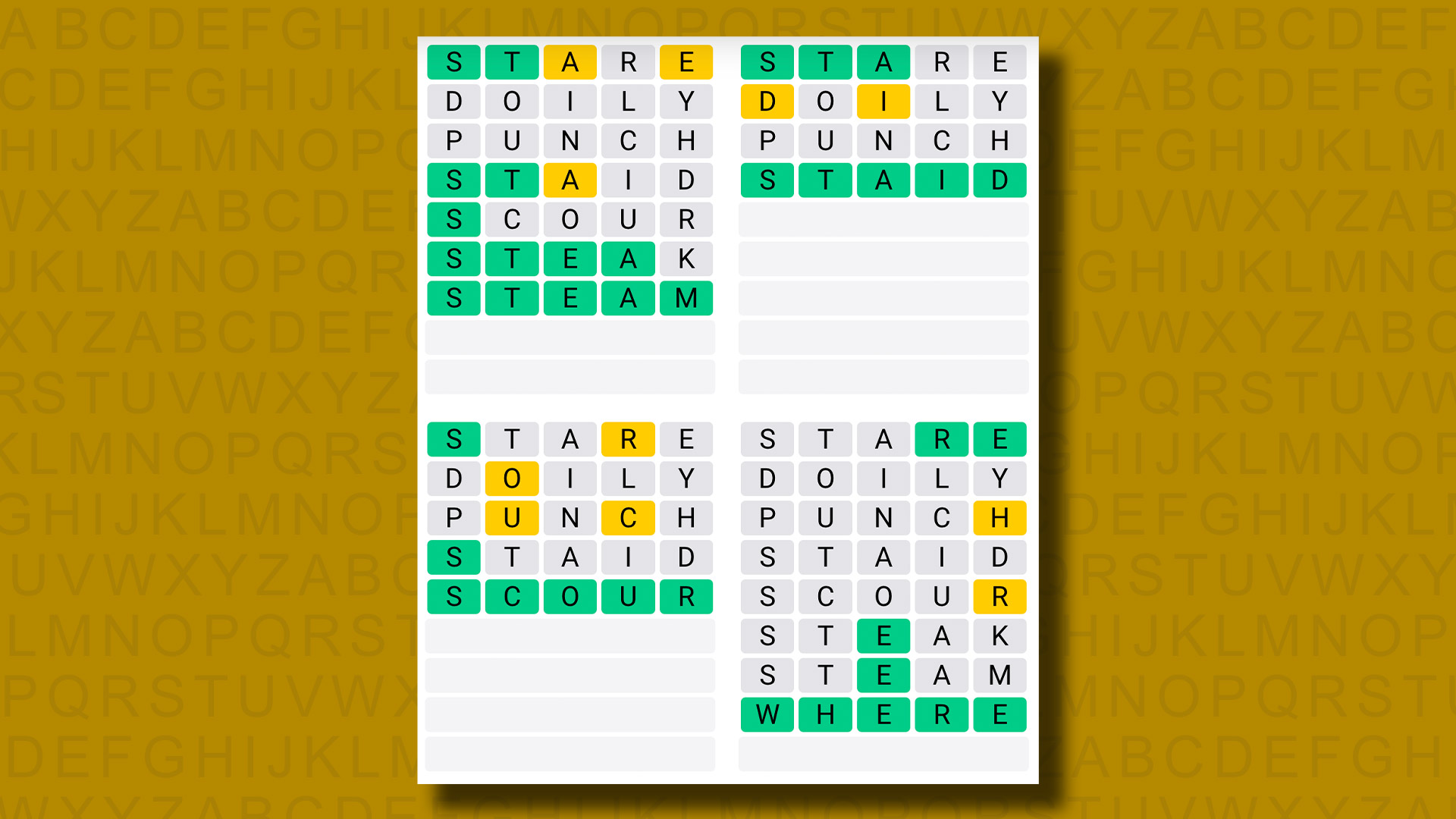 Quordle responde al juego 895 sobre un fondo amarillo