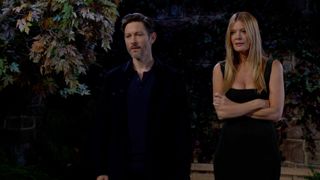 Michael Graziadei and Michelle Stafford as Daniel and Phyllis dressed in black in The Young and the Restless