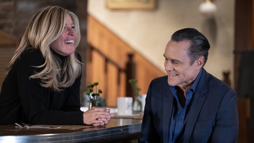 Laura Wright and Maurice Benard as Carly and Sonny laughing in General Hospital