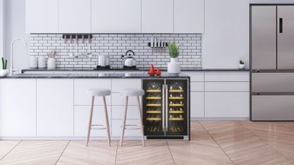 Hoover wine cooler fridge in a modern white kitchen