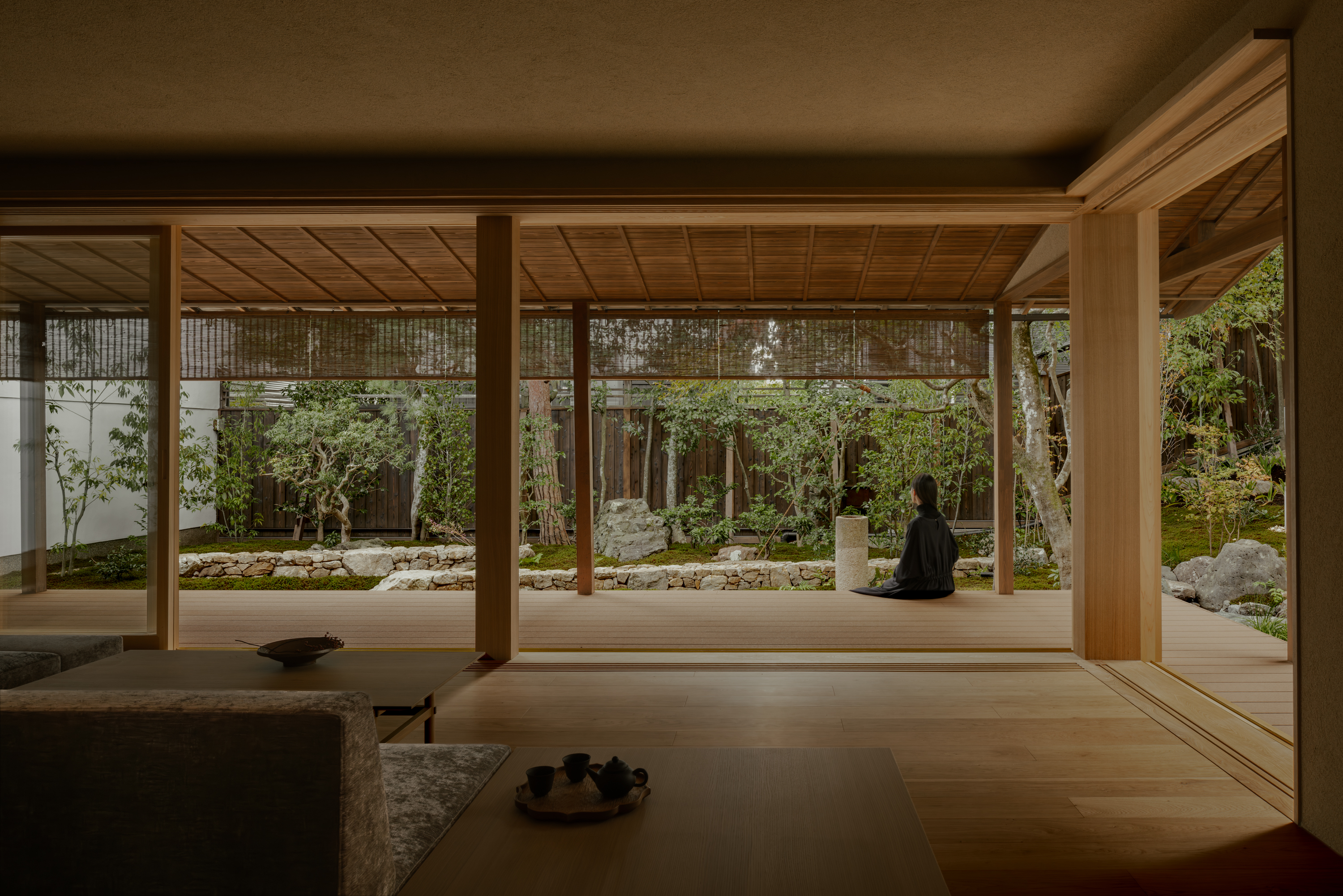 interior of House in Narutaki by kooo architects, a traditional Kyoto home remastered for the 21st century with minimalism and earthy tones and natural materials that fit the historic Japanese style