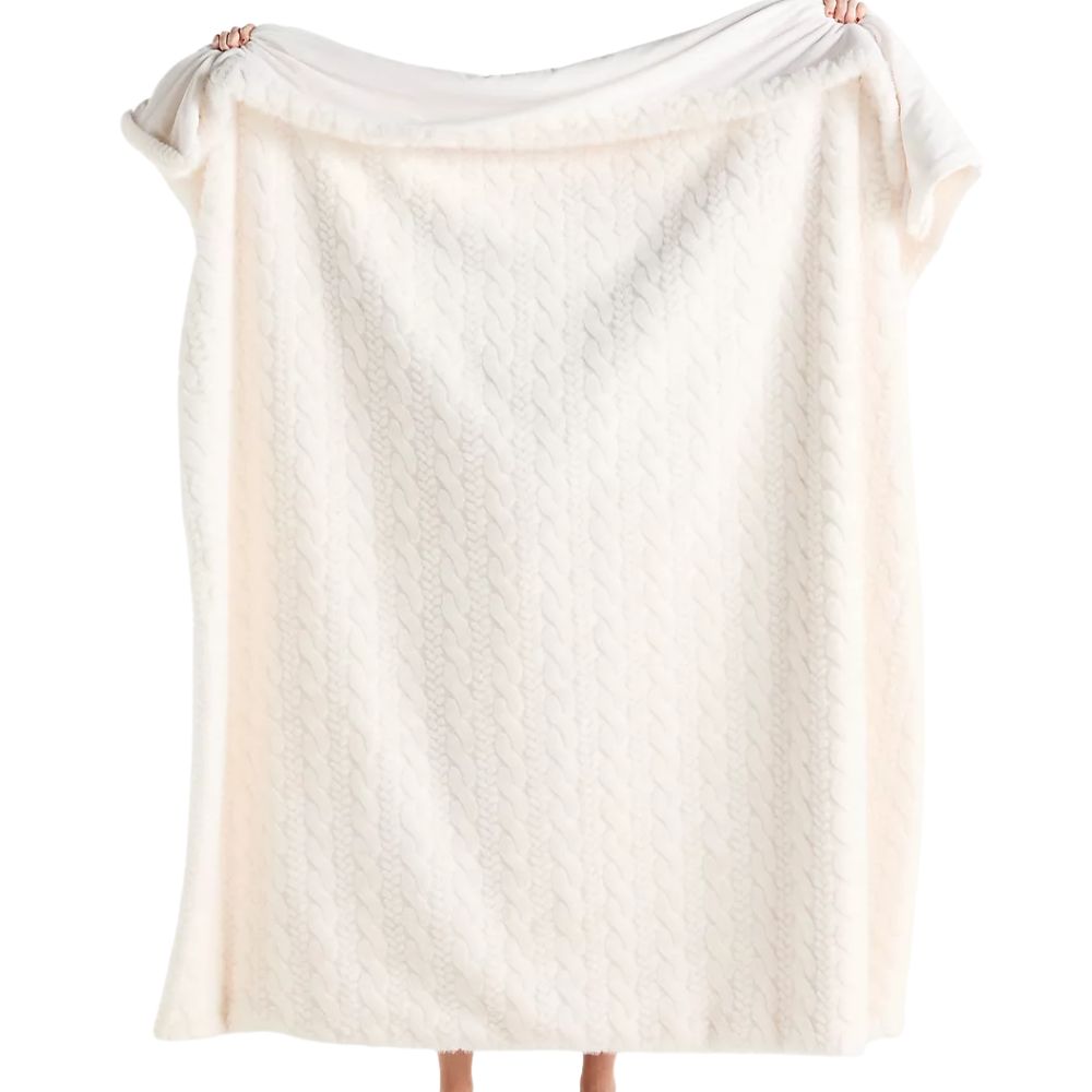 Faux-Fur Cable-Knit Sweater Throw Blanket