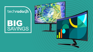 Two Samsung monitors on a cyan background next to a TechRadar badge reading 'Big Savings'