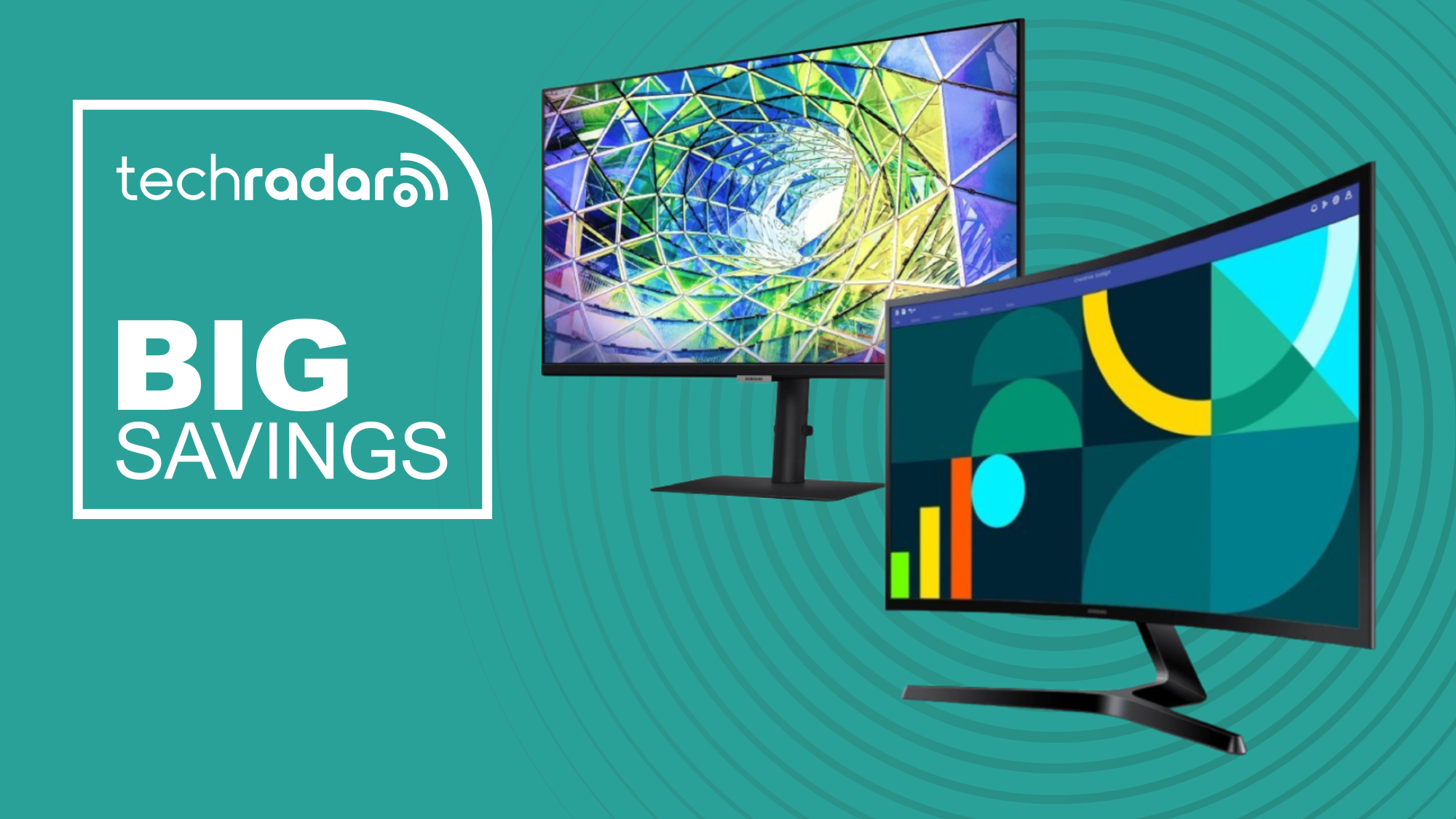Two Samsung monitors on a cyan background next to a TechRadar badge reading &#039;Big Savings&#039;