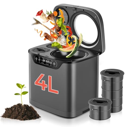 Electric Composter for Kitchen 4l, Countertop Compost Bin Indoor With Visible Window, Led Display, Auto-Clean, Carbon Filter, Odorless, Low Noise, Turns Waste Into Natural Fertilizer