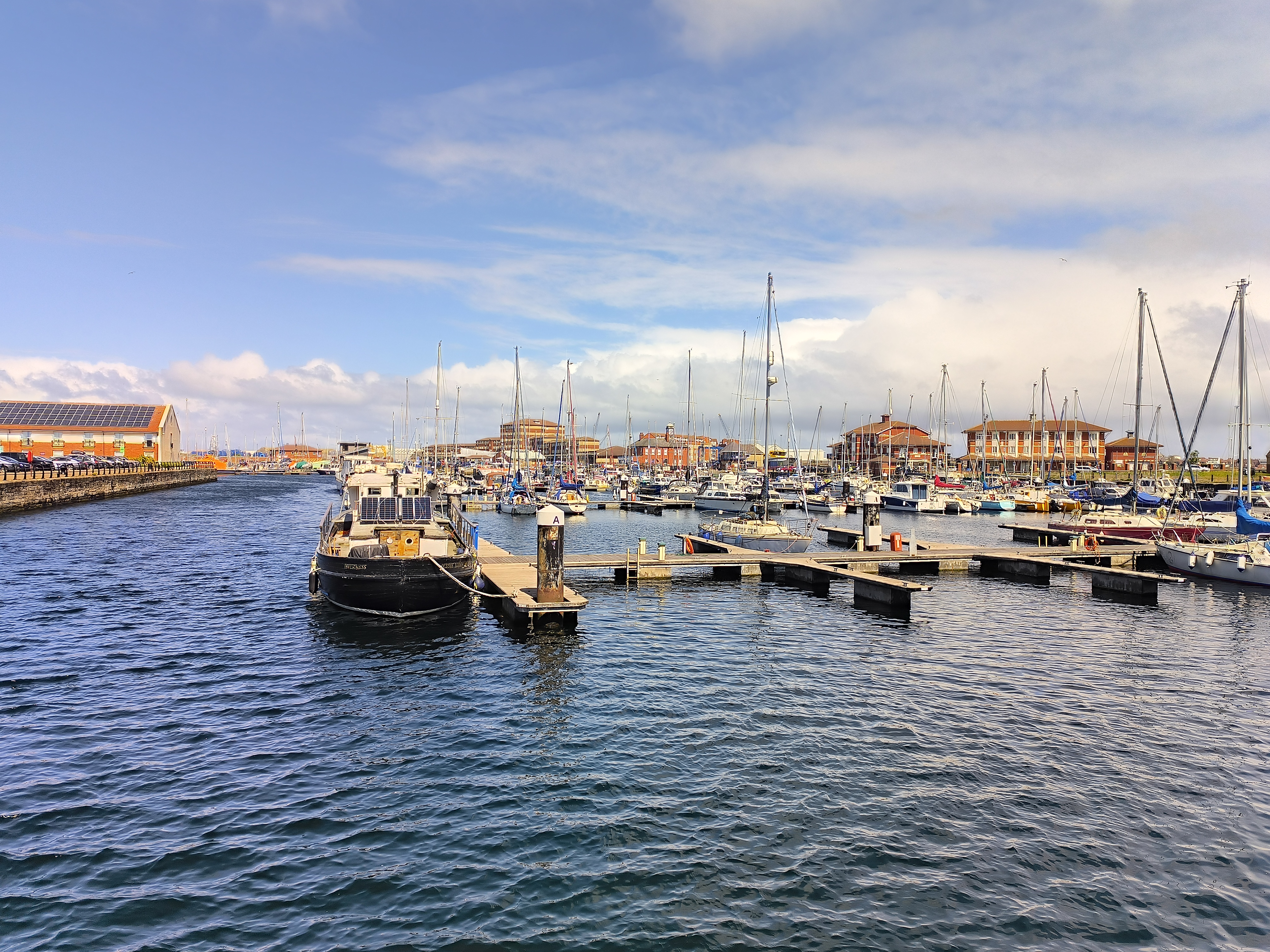 view of a marina with numerous sailboats and vessels moored at floating pontoon docks.