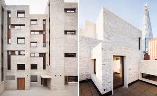 Clad in light-coloured brick, the complex references the area's architecture.