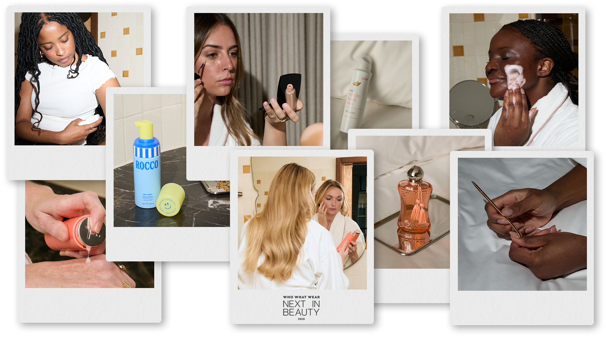 A collage of Who What Wear UK Next in Beauty judges testing the Best in Class winning products