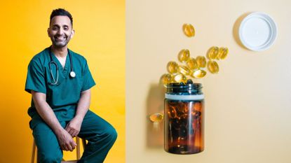 Dr Amir Khan with bottle of supplements open