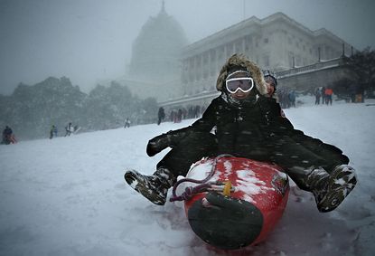 People sled down the Capitol building's West Front Lawn