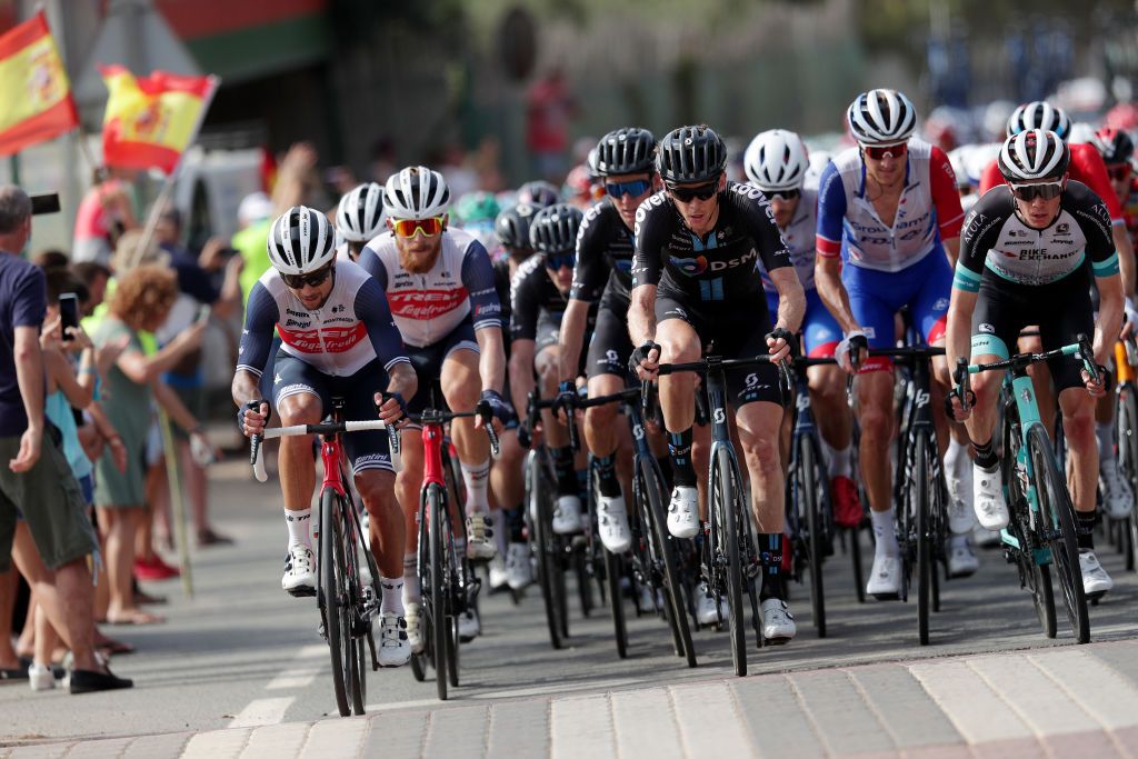 LA MANGA SPAIN AUGUST 21 Kiel Reijnen of United States and Team Trek Segafredo and Nicholas Schultz of Australia and Team BikeExchange compete during the 76th Tour of Spain 2021 Stage 8 a 1737 km stage from Santa Pola to La Manga del Mar Menor lavuelta LaVuelta21 on August 21 2021 in La Manga Spain Photo by Gonzalo Arroyo MorenoGetty Images