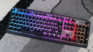 The Roccat Pyro pictured on a desktop with RGB lighting enabled