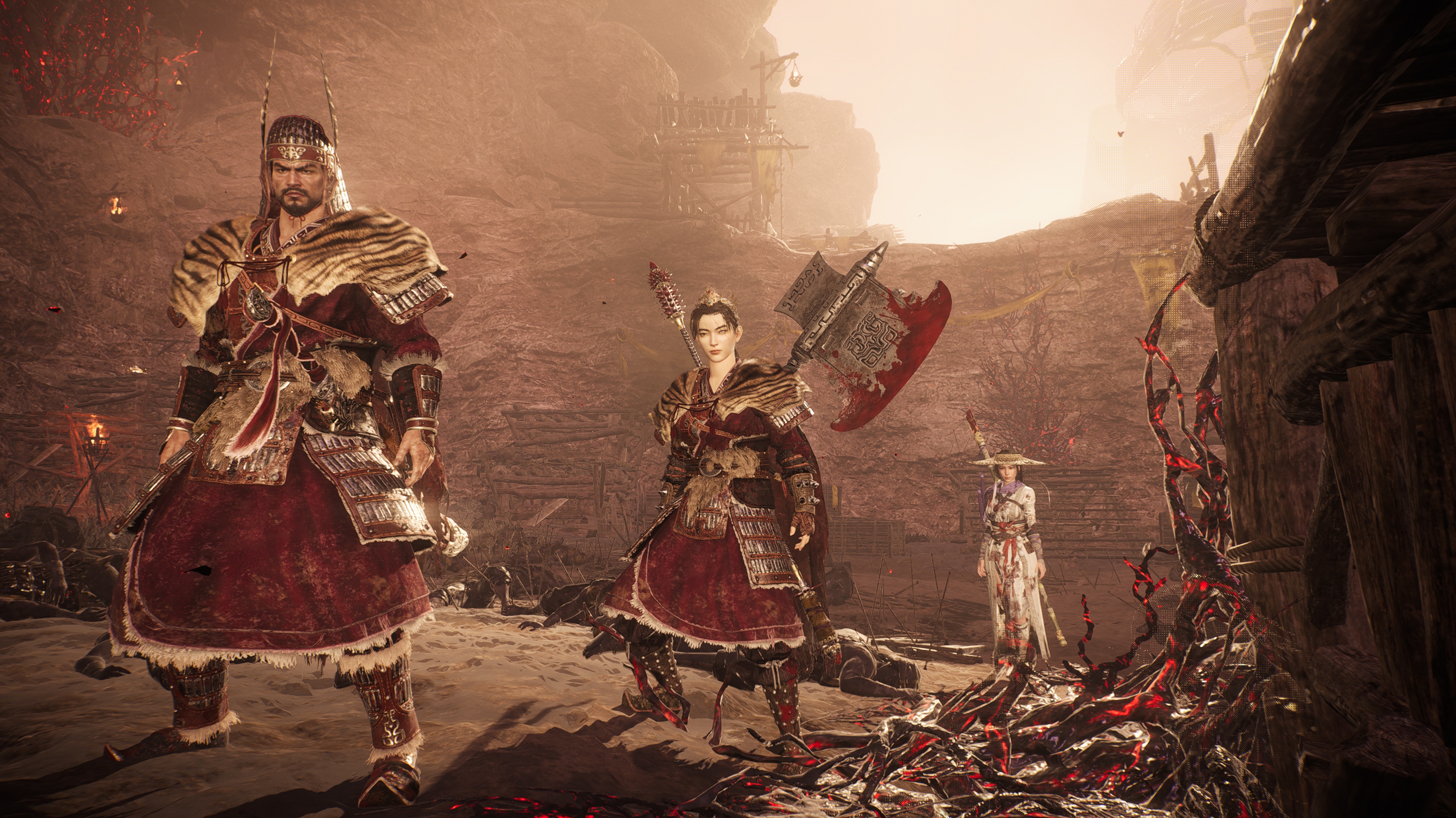 Внутриигровой скриншот Wo Long: Fallen Dynasty, на котором игрок вместе со своими союзниками, сделанный в режиме фотографии.