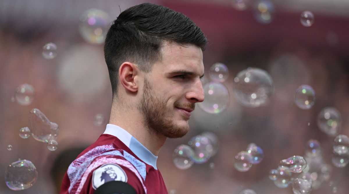 Declan Rice of West Ham United walks onto the pitch ahead of the Premier League match between West Ham United and Southampton at the London Stadium on April 2, 2023 in London, United Kingdom.