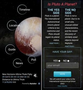 The Pluto Safari app's homepage features real-time status updates for the mission. The Poll page lets users read the arguments for and against Pluto's classification by the IAU as a dwarf planet, cast a vote on the issue, and see the poll results.