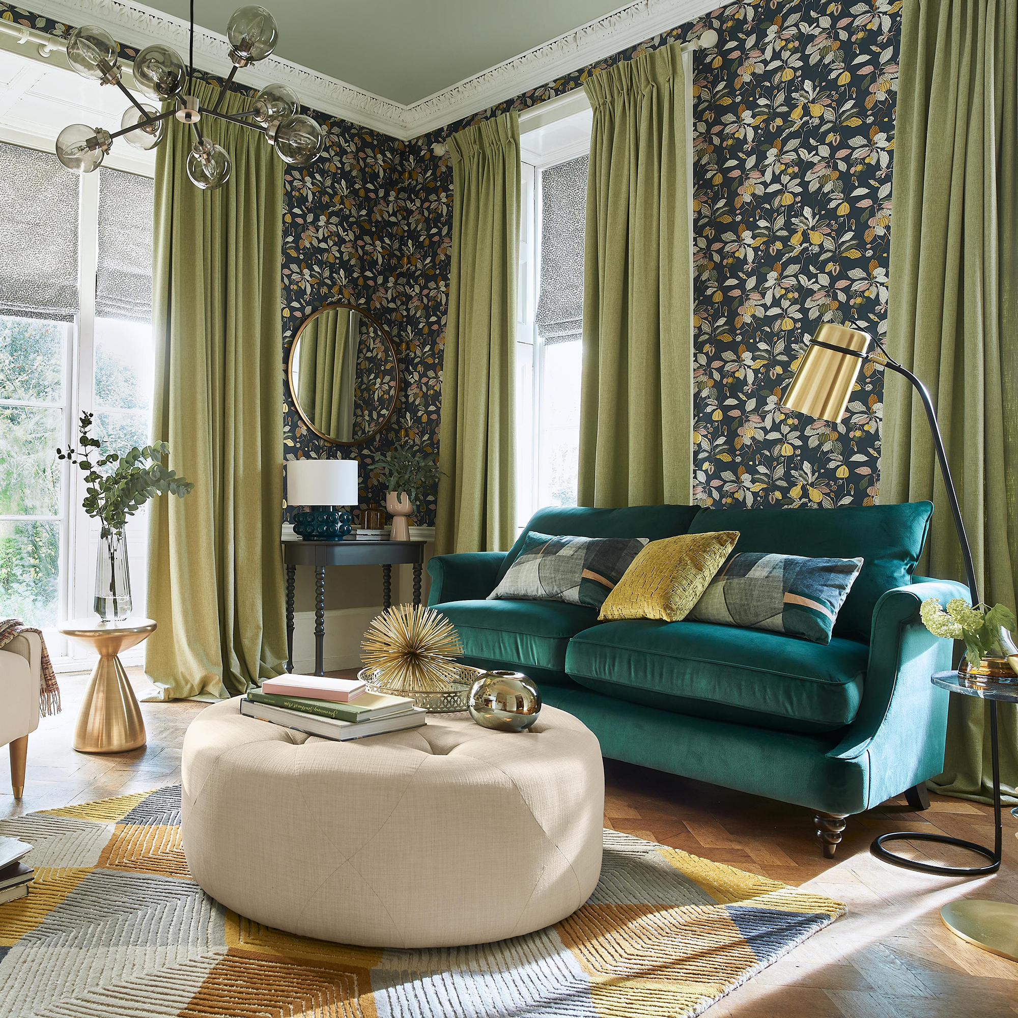 living room with curtain and mirror