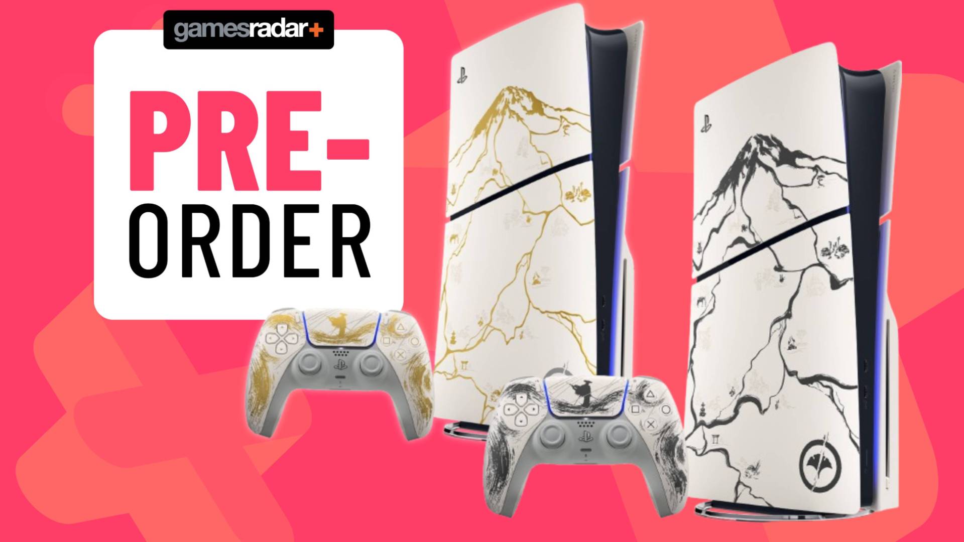 Official product images of the gold and black PS5 Ghost of Yotei bundles sitting on a pink GamesRadar+ background.
