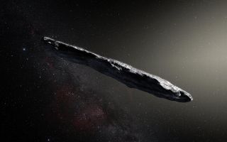 This artist’s illustration shows the first interstellar asteroid, ‘Oumuamua. This unique object was discovered on Oct. 19, 2017 by the Pan-STARRS 1 telescope in Hawaii. Subsequent observations from ESO’s Very Large Telescope in Chile and other observatories around the world show that ‘Oumuamua seems to be a dark red highly elongated metallic or rocky object, about 1,300 feet (400 meters) long, and is unlike anything normally found in the solar system.