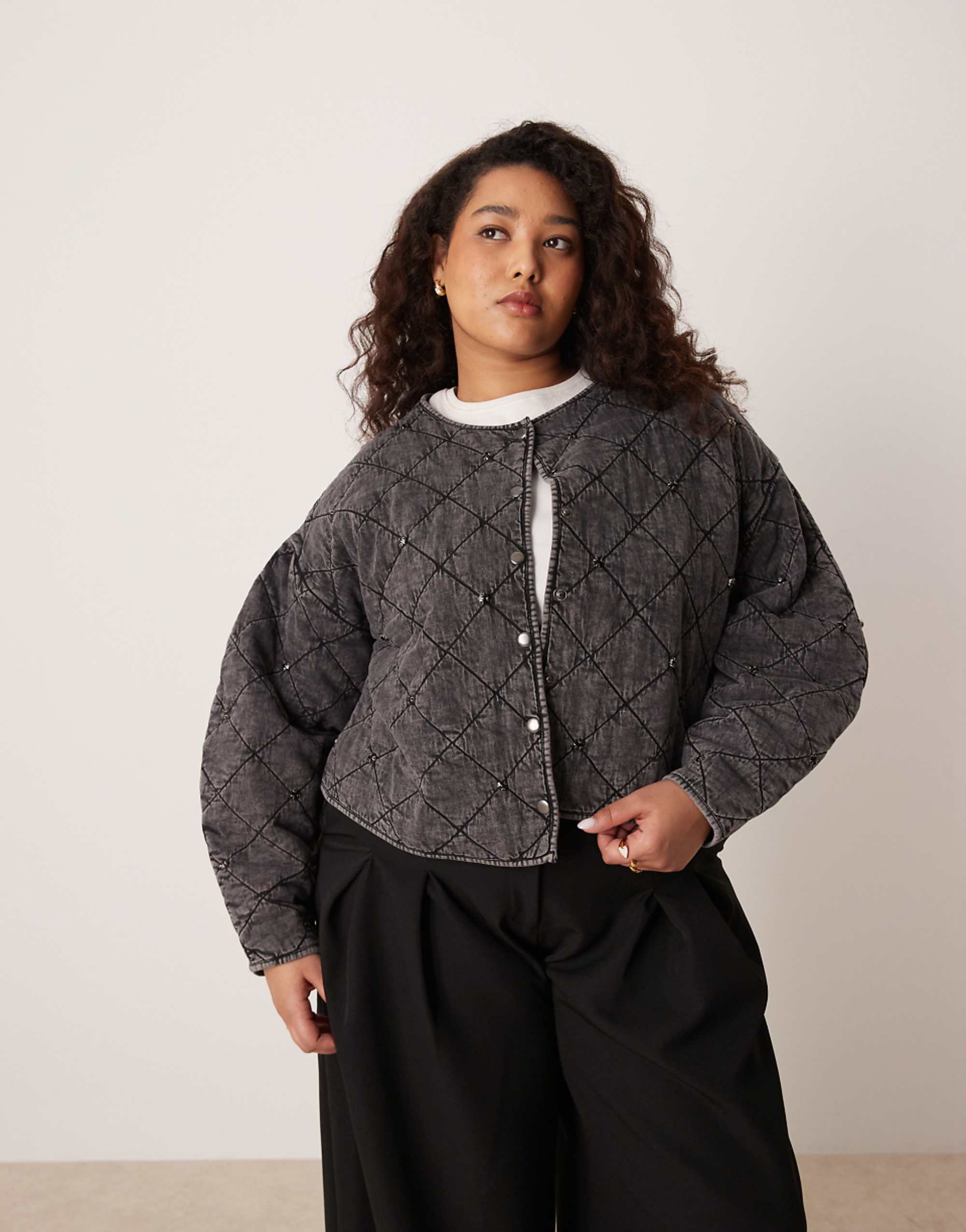 Asos Design Curve Quilted Jacket With Embellished Detailing in Washed Charcoal