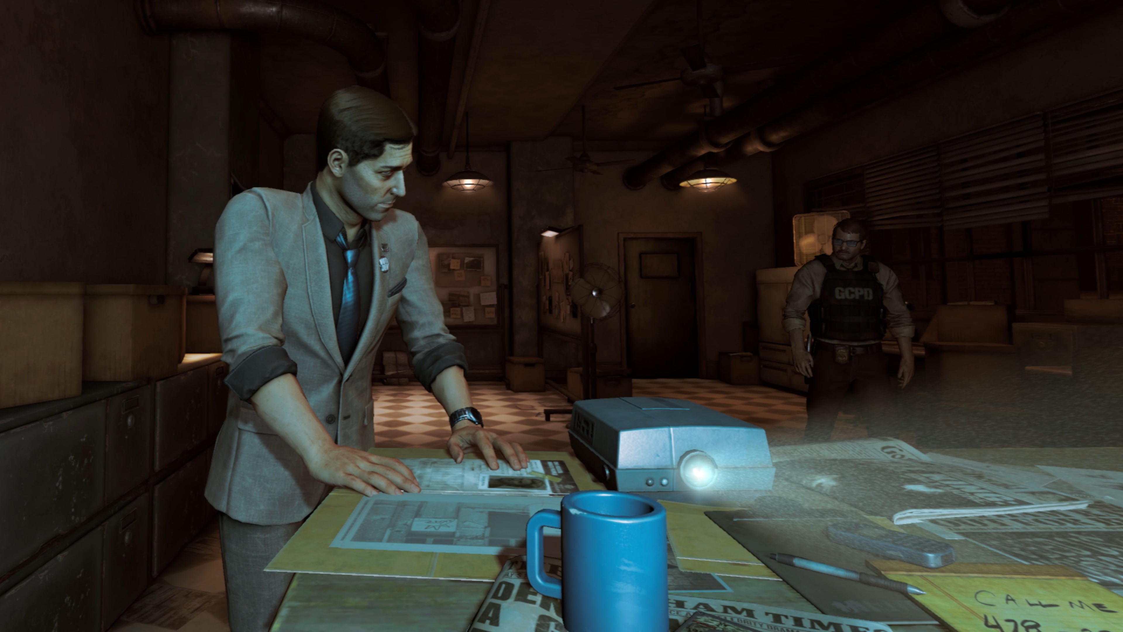 Screenshot from Batman: Arkham Shadow showing Jim Gordon and another man investigating the Rat King.