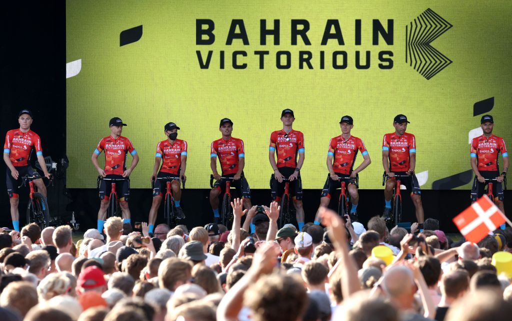 Bahrain Victorious team riders attend the cycling teams presentation two days ahead of the first stage of the 109th edition of the Tour de France cycling race in Copenhagen in Denmark on June 29 2022 Photo by Thomas SAMSON AFP Photo by THOMAS SAMSONAFP via Getty Images