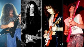 (from left to right) Marty Friedman, Richie Kotzen, Yngwie Malmsteen and Paul Gilbert, four legendary guitarists who got their start with Shrapnel Records