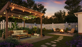 Govee Outdoor Solar String Lights on a fence and on a pergola in a very nice and expensive looking back yard