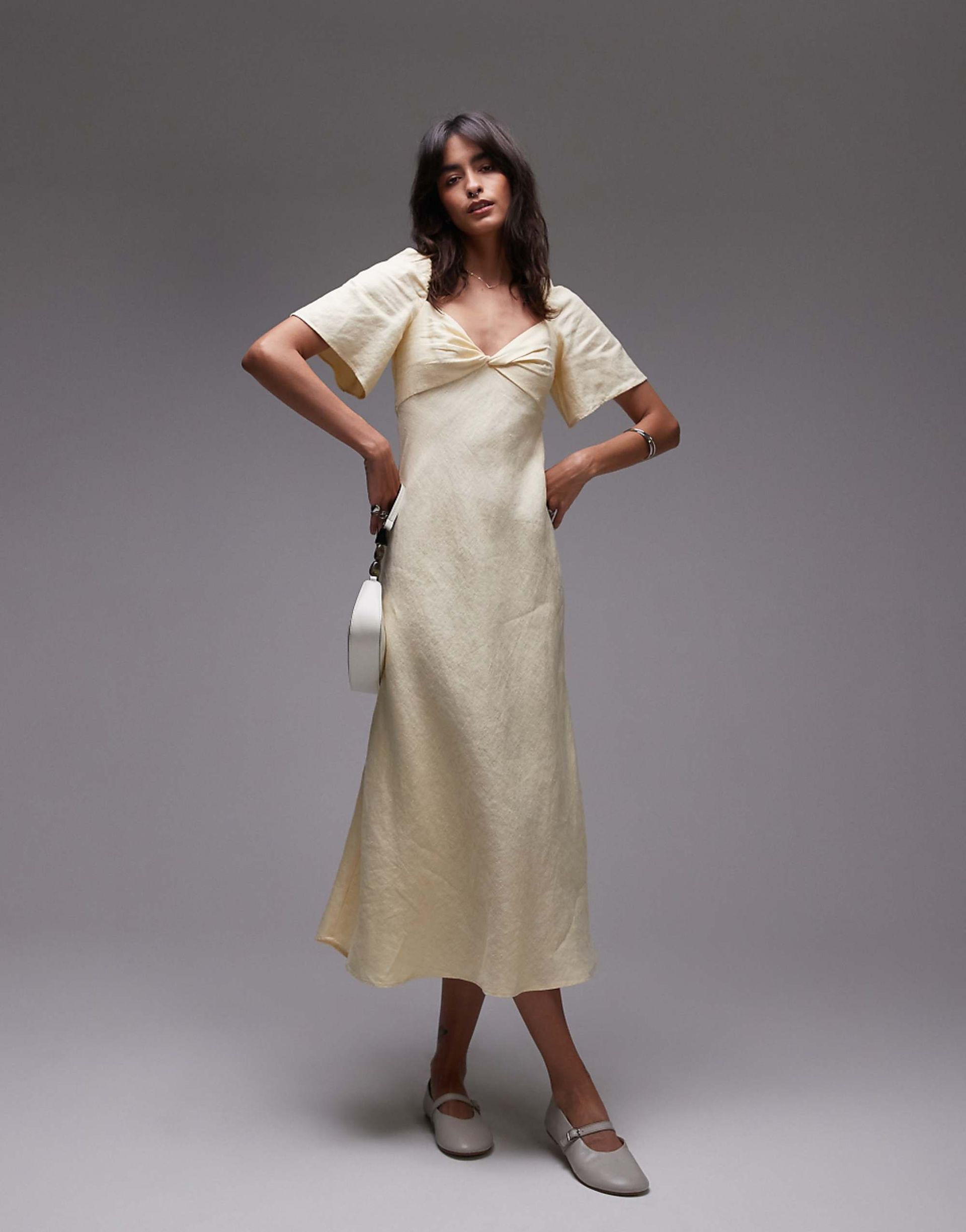& Other Stories Linen Puff Sleeve Midaxi Dress With Twist Sweetheart Neckline in Butter Yellow