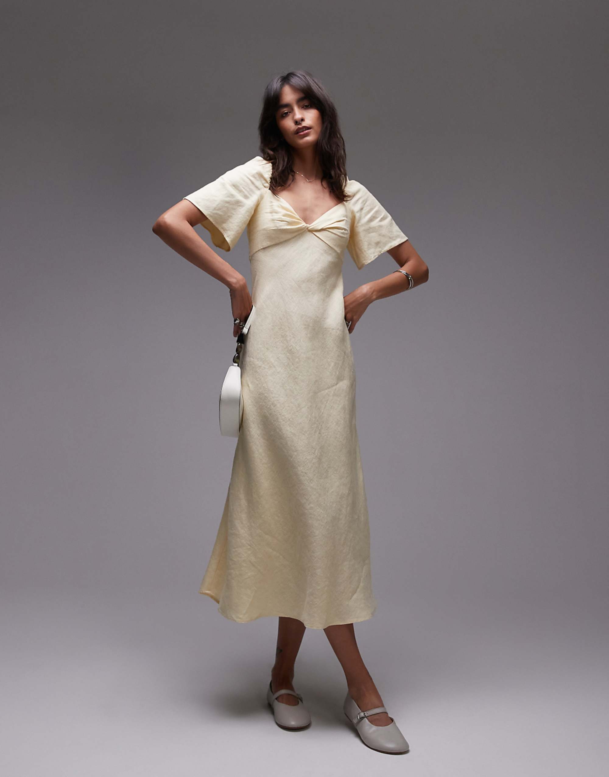 & Other Stories Linen Puff Sleeve Midaxi Dress With Twist Sweetheart Neckline in Butter Yellow