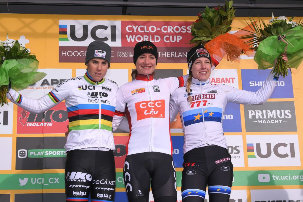 Final World Cup podium (L-R) Marianne Vos, Sanne Cant and Annemarie Worst