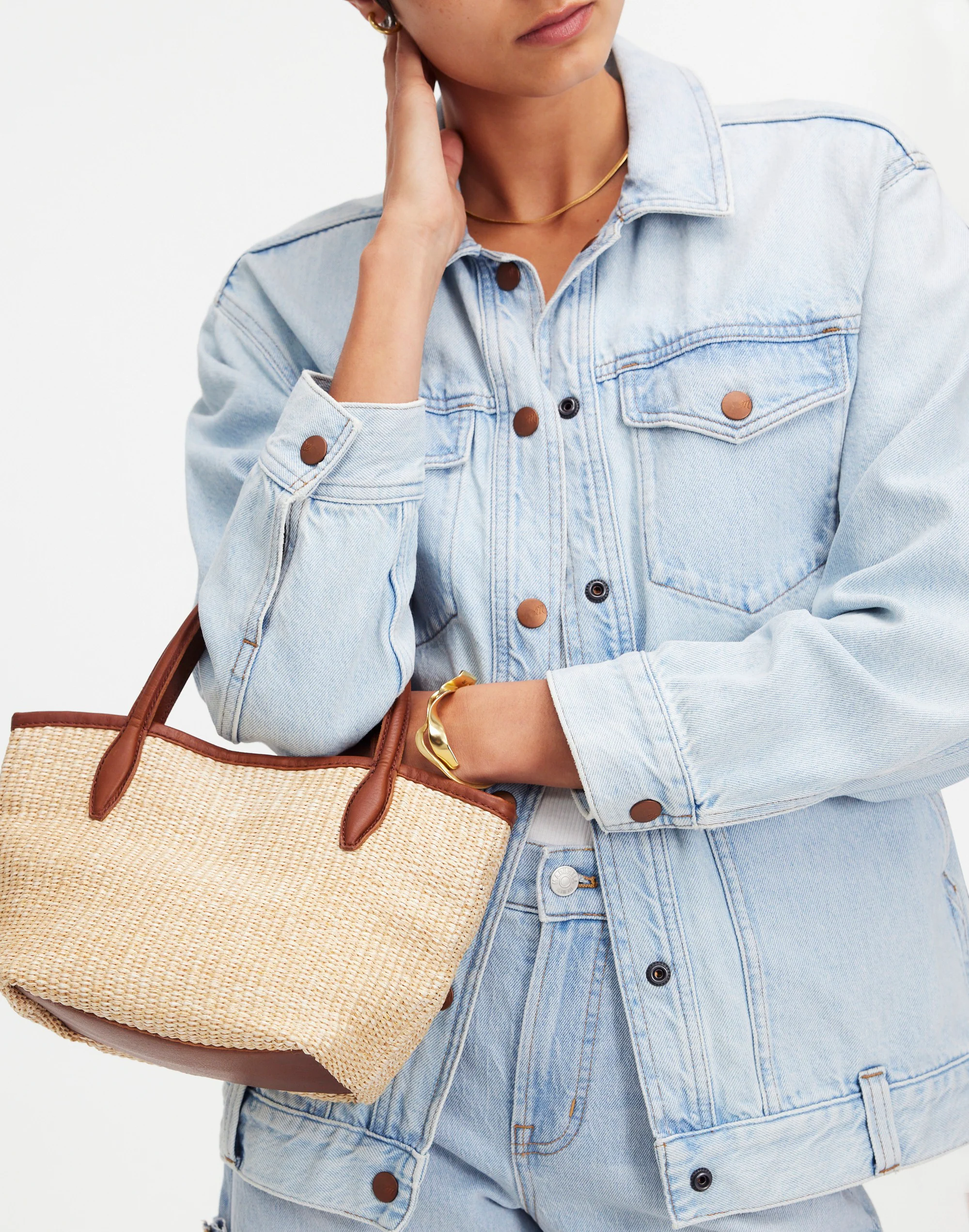 The Mini Shopper Tote in Leather-Trimmed Straw