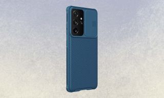 Imluckies case with camera cover for Galaxy S21 Ultra, in blue.