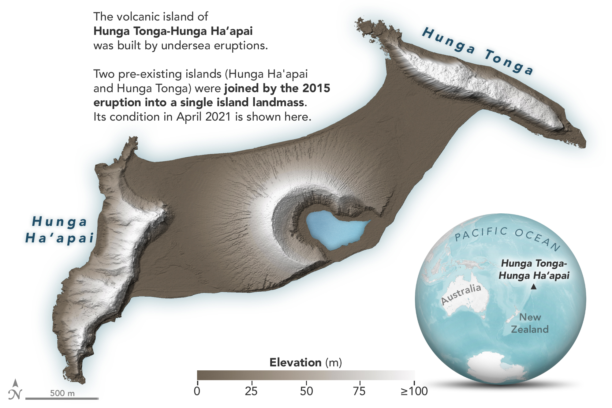 The Tongan volcanic island of Hunga Tonga-Hunga Ha‘apai, as it looked in April 2021.