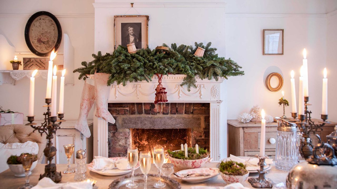 vintage style dining room dressed for Christmas with decorated fireplace