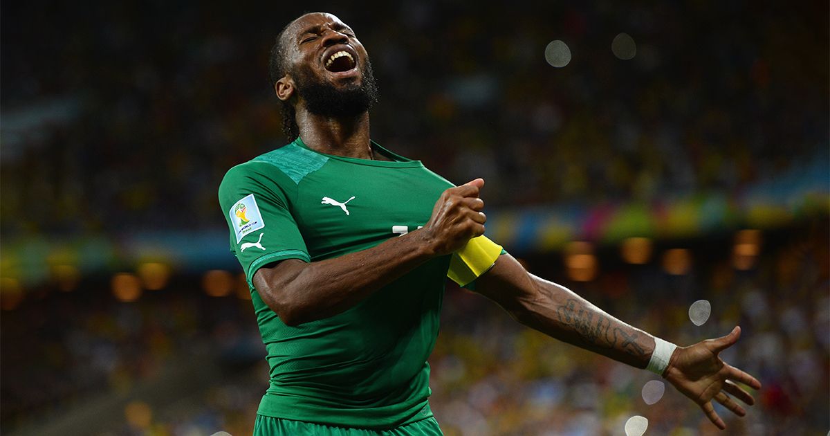 Didier Drogba of the Ivory Coast celebrates his team&#039;s first goal during the 2014 FIFA World Cup Brazil Group C match between Greece and the Ivory Coast at Castelao on June 24, 2014 in Fortaleza, Brazil.