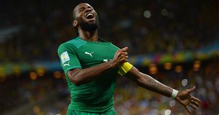 Didier Drogba of the Ivory Coast celebrates his team's first goal during the 2014 FIFA World Cup Brazil Group C match between Greece and the Ivory Coast at Castelao on June 24, 2014 in Fortaleza, Brazil.