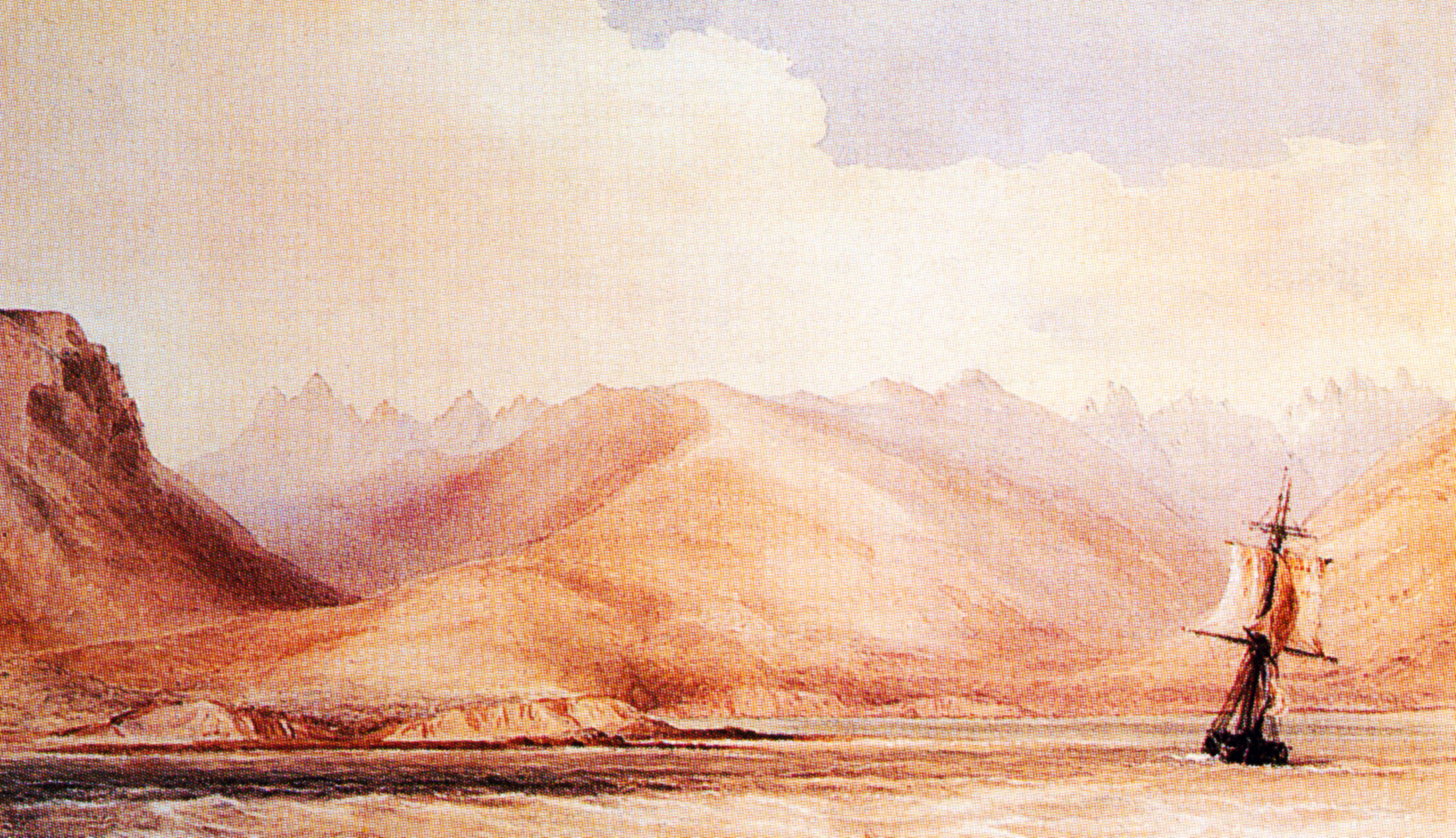 A boat in the sea with mountains in the background