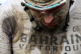 ROUBAIX FRANCE OCTOBER 03 Detailed view of Sonny Colbrelli of Italy and Team Bahrain Victorious covered in mud celebrates winning in the Roubaix Velodrome Vlodrome Andr Ptrieux after the 118th ParisRoubaix 2021 Mens Eilte a 2577km race from Compigne to Roubaix ParisRoubaix on October 03 2021 in Roubaix France Photo by Bernard Papon PoolGetty Images