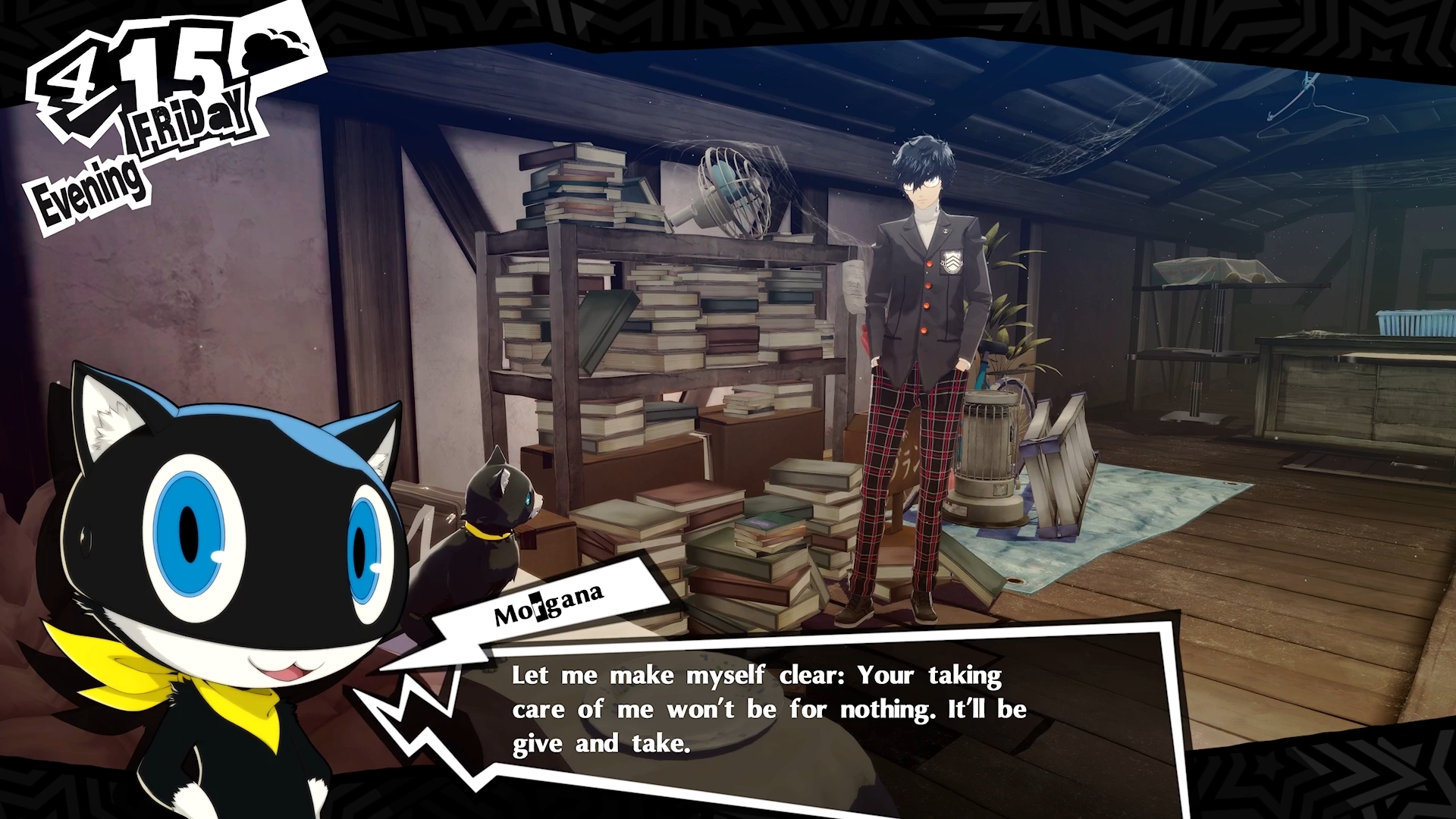 A screenshot of Persona 5 Royal showing Joker talking with Morgana
